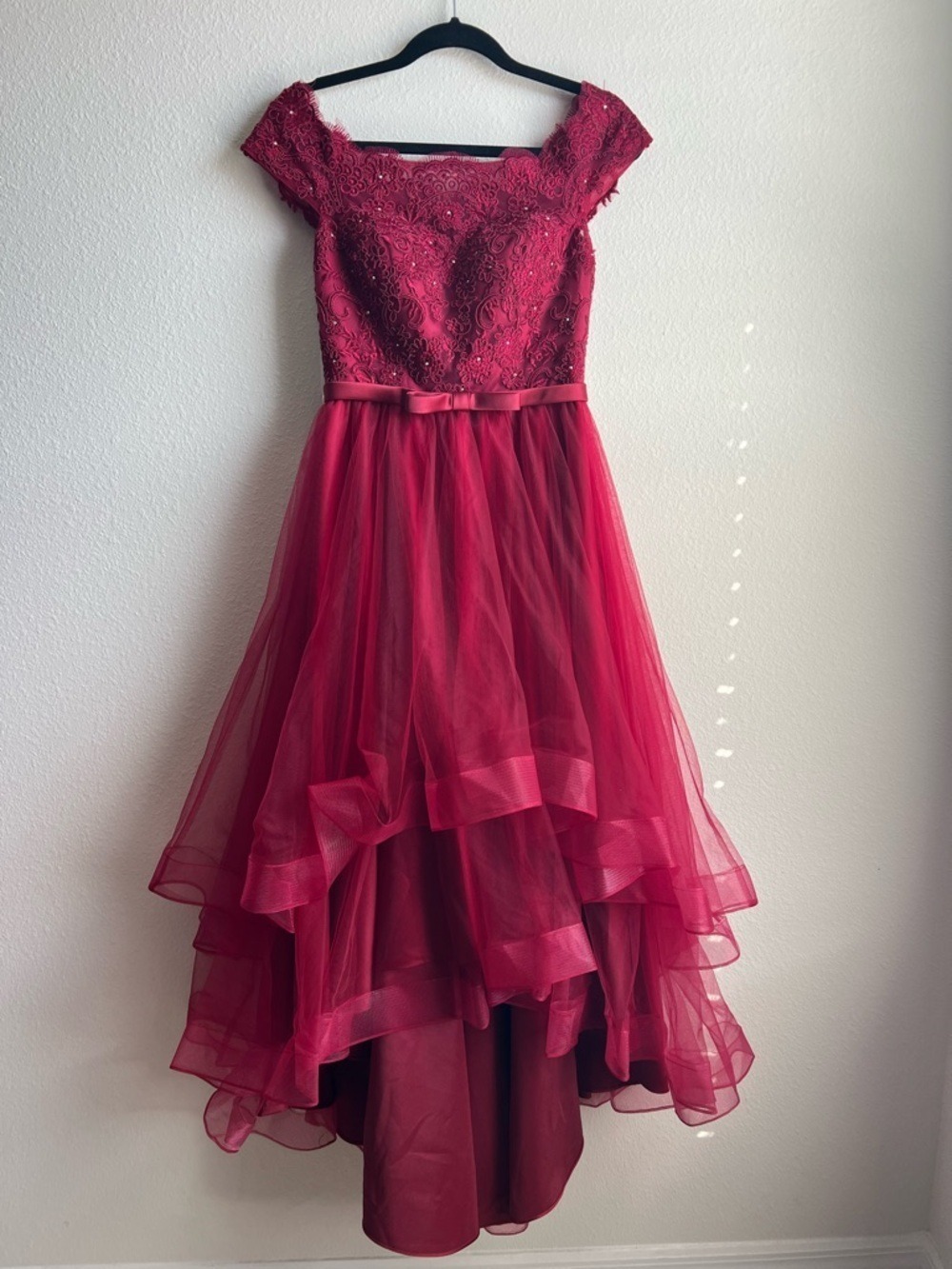 JJs House Burgundy Off-the-Shoulder High-Low Tulle Ball Gown - Picture 3 of 8